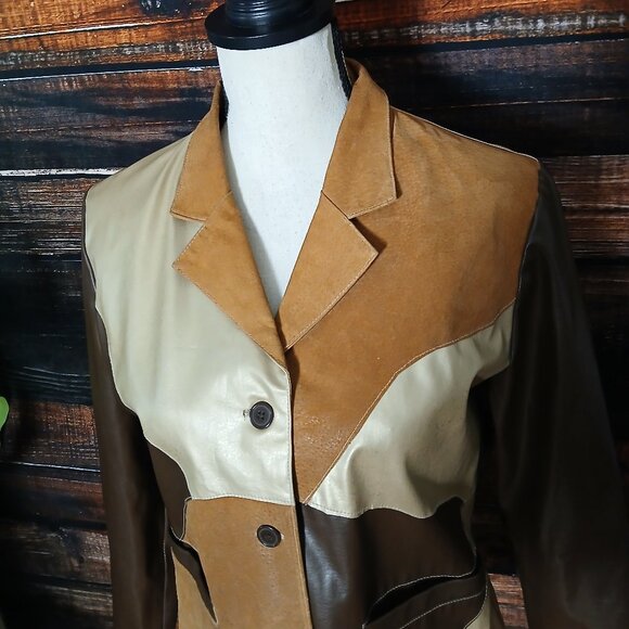 RAVE Vintage Jacket M Patchwork Vegan Faux Leather Lined Button Front - Picture 4 of 13